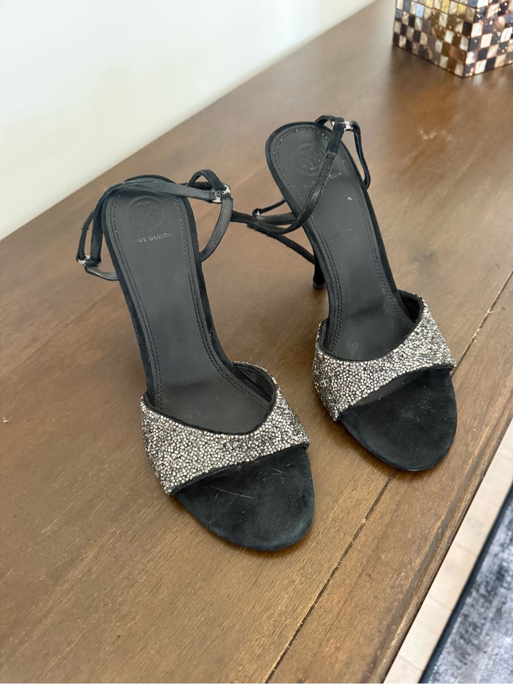Tory Burch Black / Silver Glitter Front-Strap Sandals